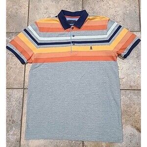 Rugatchi and Wear Polo Shirt Mens Lrg Blue Orange Striped Short Sleeve Cotton